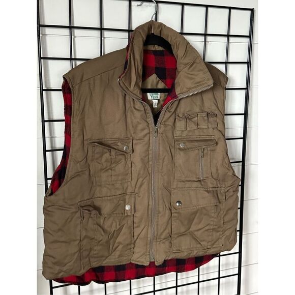 Ozark Trail Vest 90s streetwear Mens Utility Tan Red Black Buffalo Plaid Hunting - Picture 4 of 10